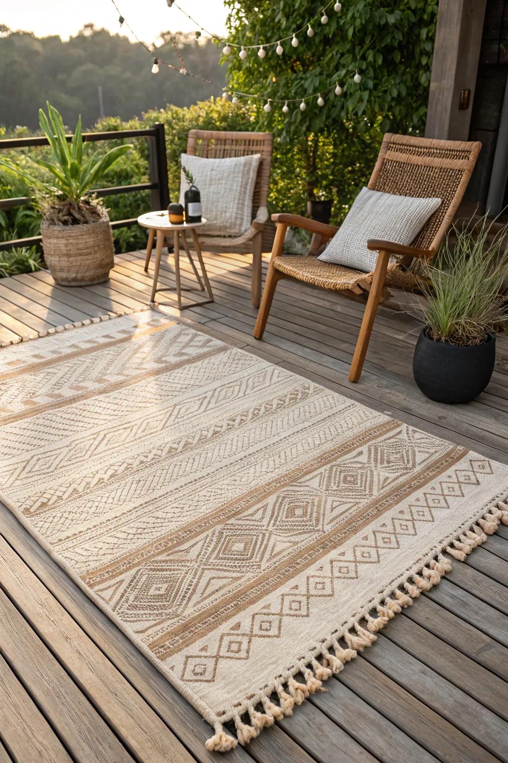 Transform your patio into a cozy retreat with a beautifully crafted outdoor rug. 🌿✨ #ScandiBohoVibes #PatioPerfection