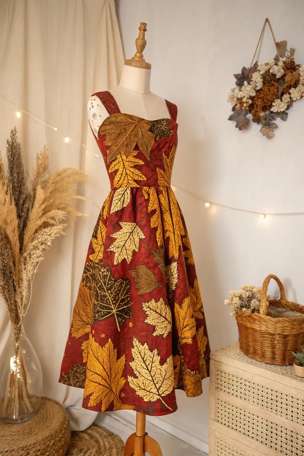 Embrace the season with elegance in a golden autumn leaves dress, perfect for a chic Thanksgiving celebration.