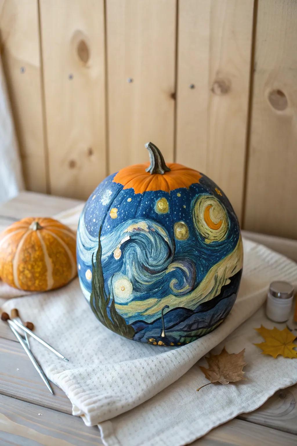 Transform your Thanksgiving decor with a masterpiece-inspired painted pumpkin. Embrace artistic elegance this season!