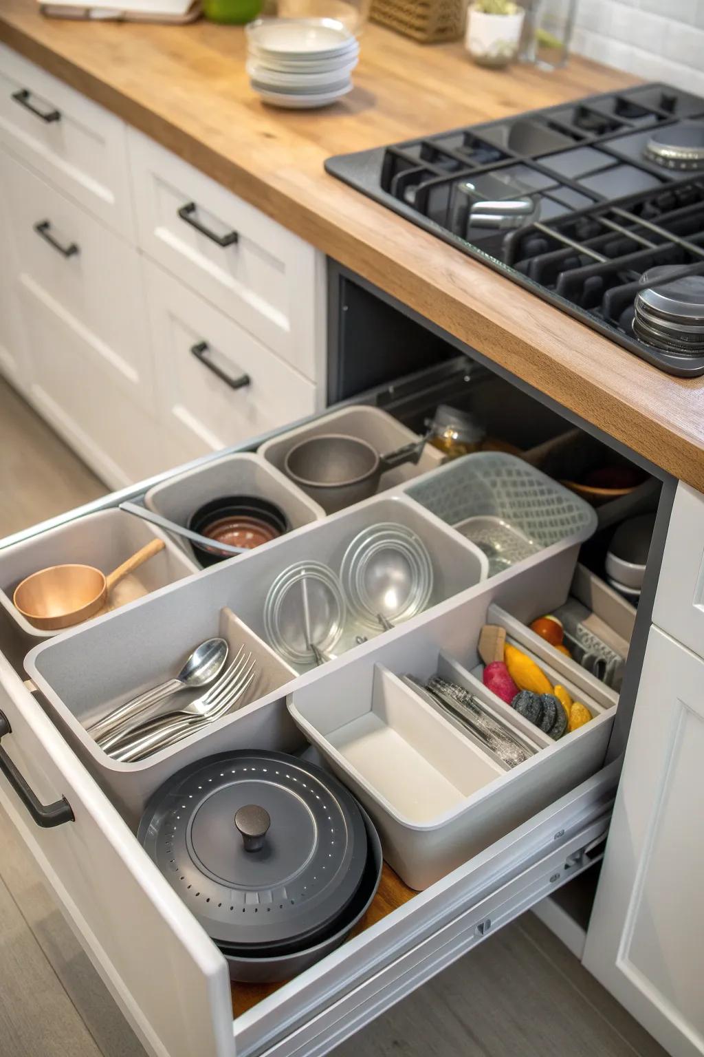 Well-organized drawers for efficient kitchen storage.