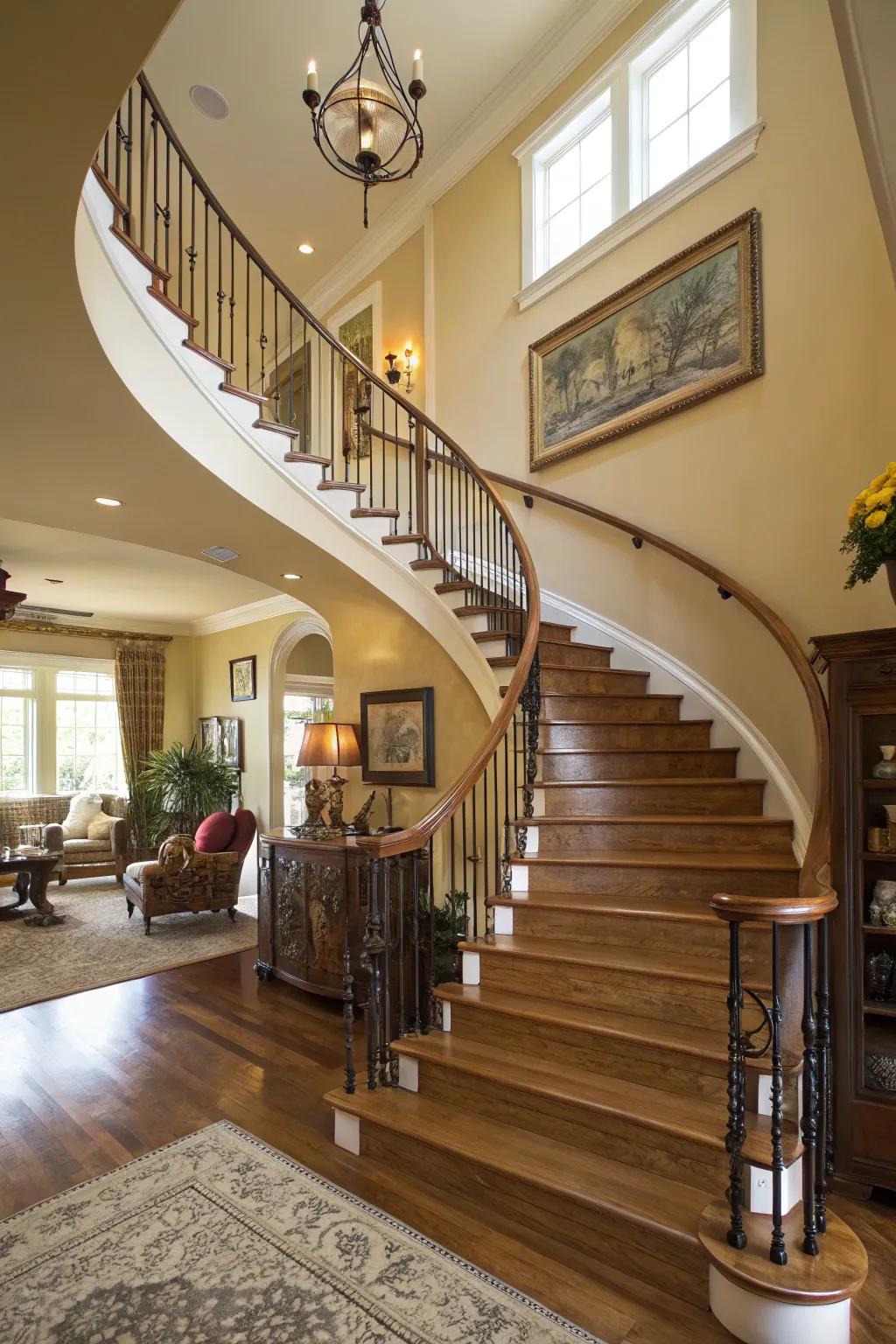 A grand curved staircase creates a dramatic entrance.