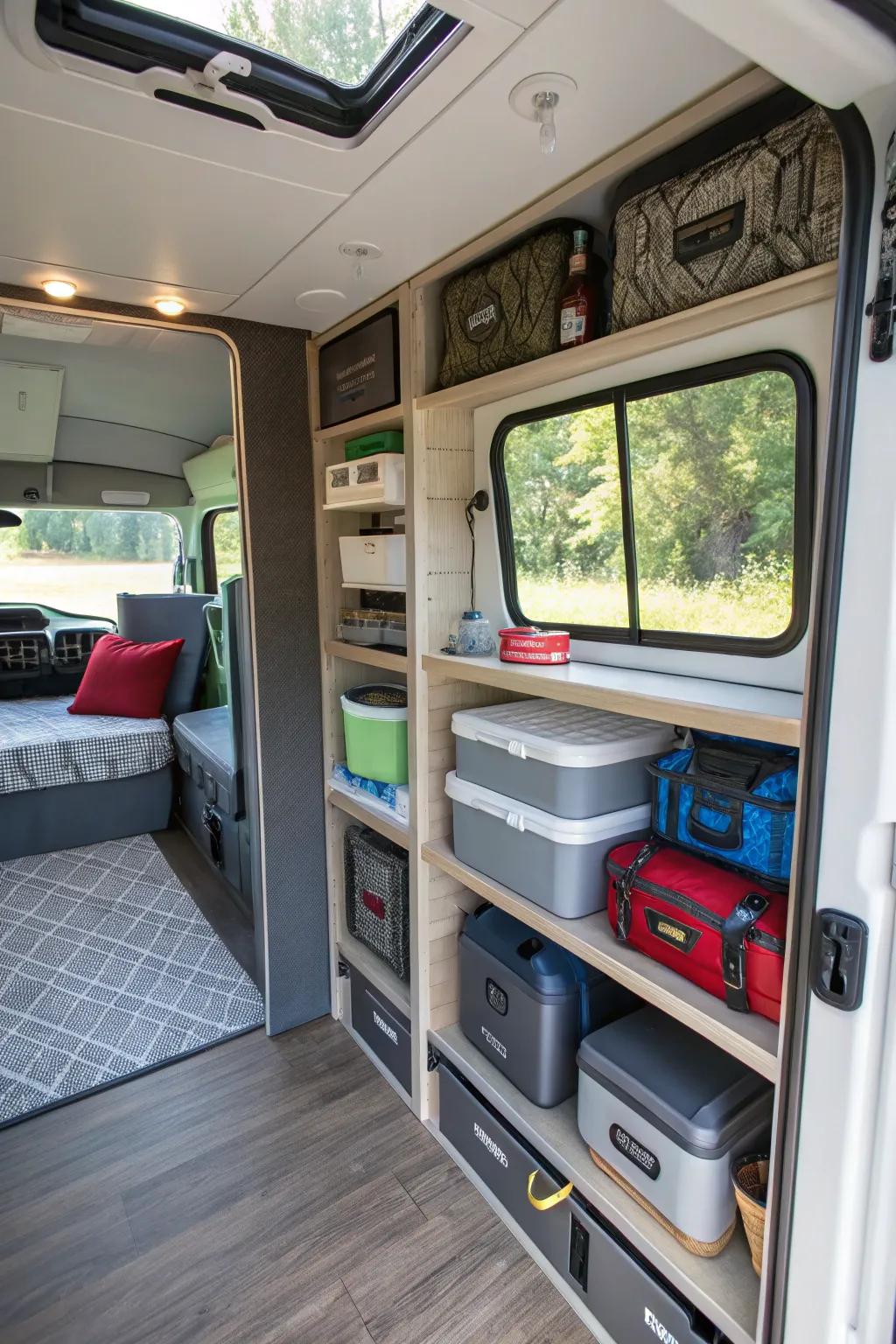 A travel trailer utilizing creative storage nooks for an organized and stylish interior.