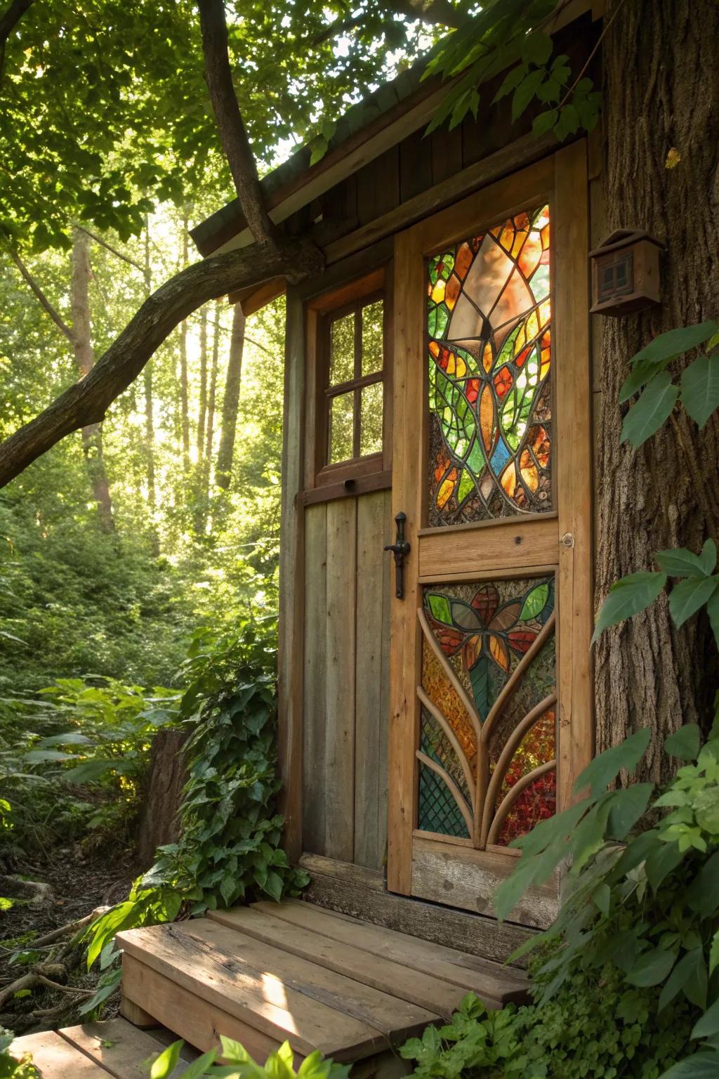 Elevate your treehouse with enchanting stained glass elegance.