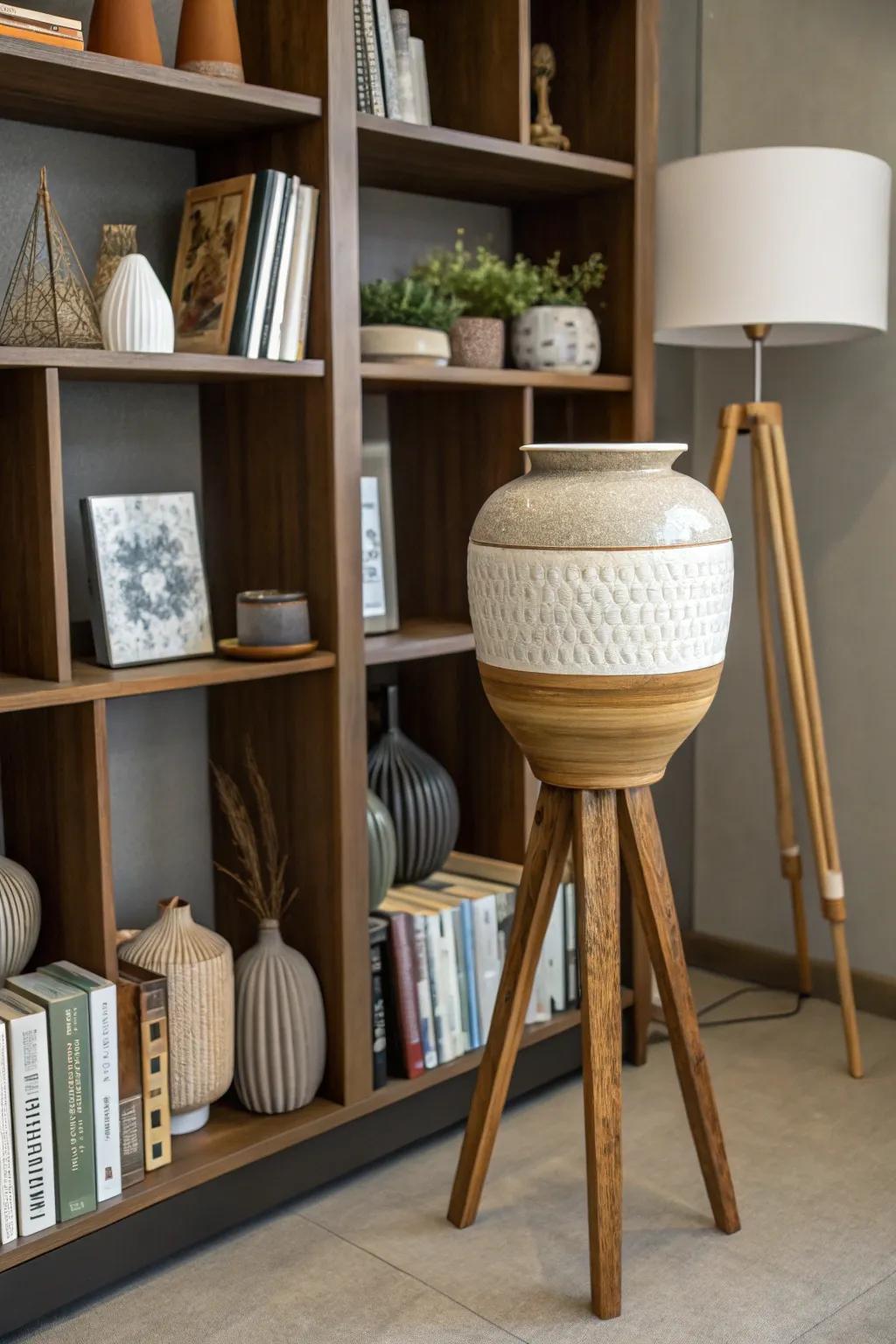 Mixed materials in tripod vessels create a dynamic visual effect.