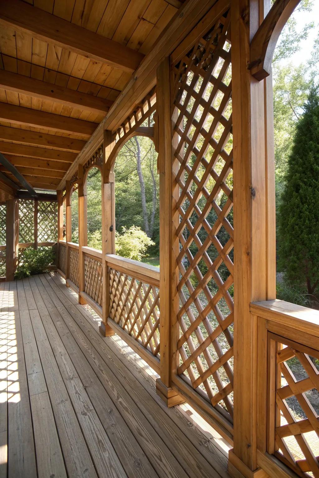 Embrace rustic charm with a beautifully crafted wooden lattice under your deck.