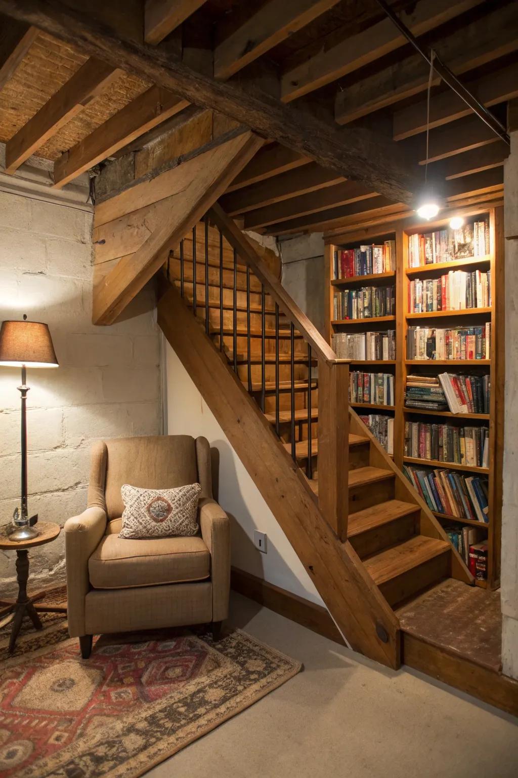 Discover your new favorite reading hideaway with a stylish bookshelf under the stairs. 📚✨ #BasementInspiration #CozyNook