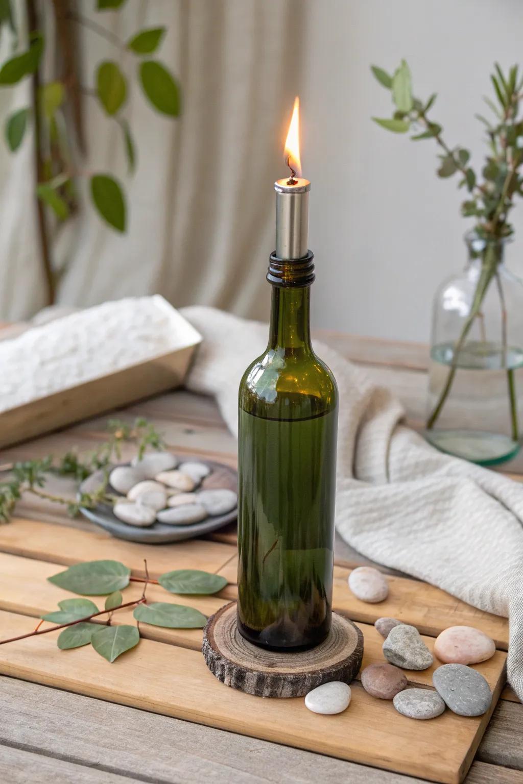 Illuminate your garden with the natural beauty of upcycled wine bottle torch lights. Simple elegance meets functionality. #GardenGlow #ScandiBoho