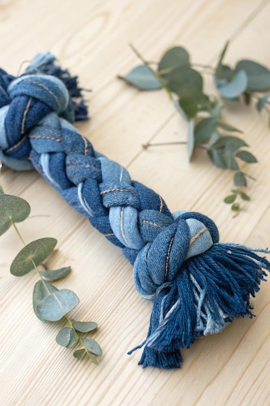Crafted with love: A chic denim tug toy for your furry friend!