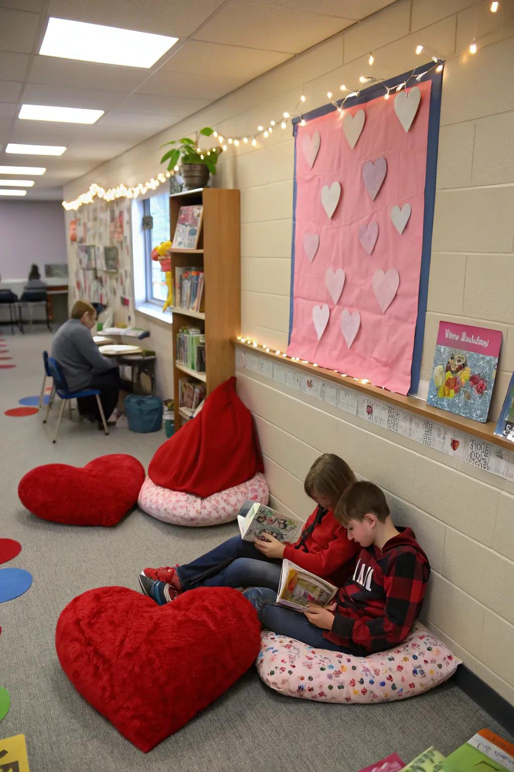 A snug reading nook perfect for Valentine's Day storytelling.