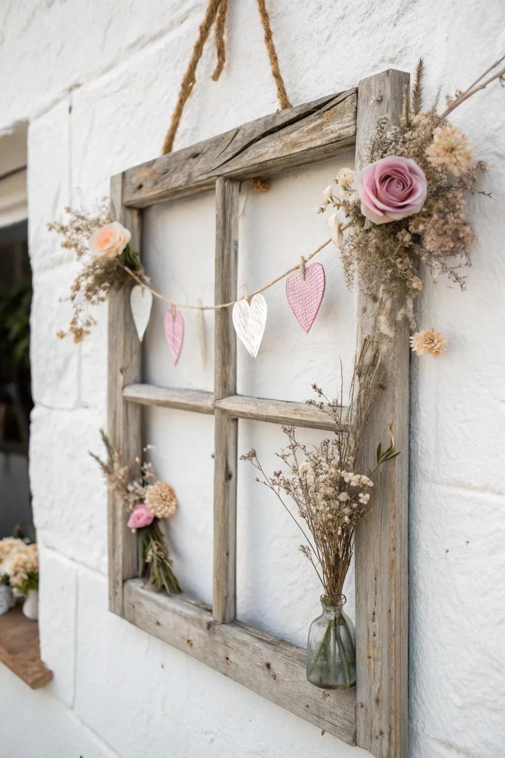 Transform your Valentine’s decor with a charming window frame wreath, where rustic meets romance.