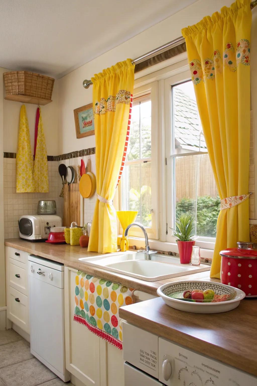 Yellow curtains add warmth and brightness.