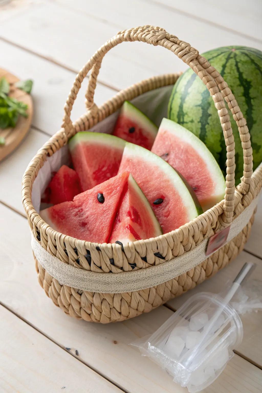 Stay fresh and stylish with this ice-cooled watermelon basket, perfect for your summer gatherings!