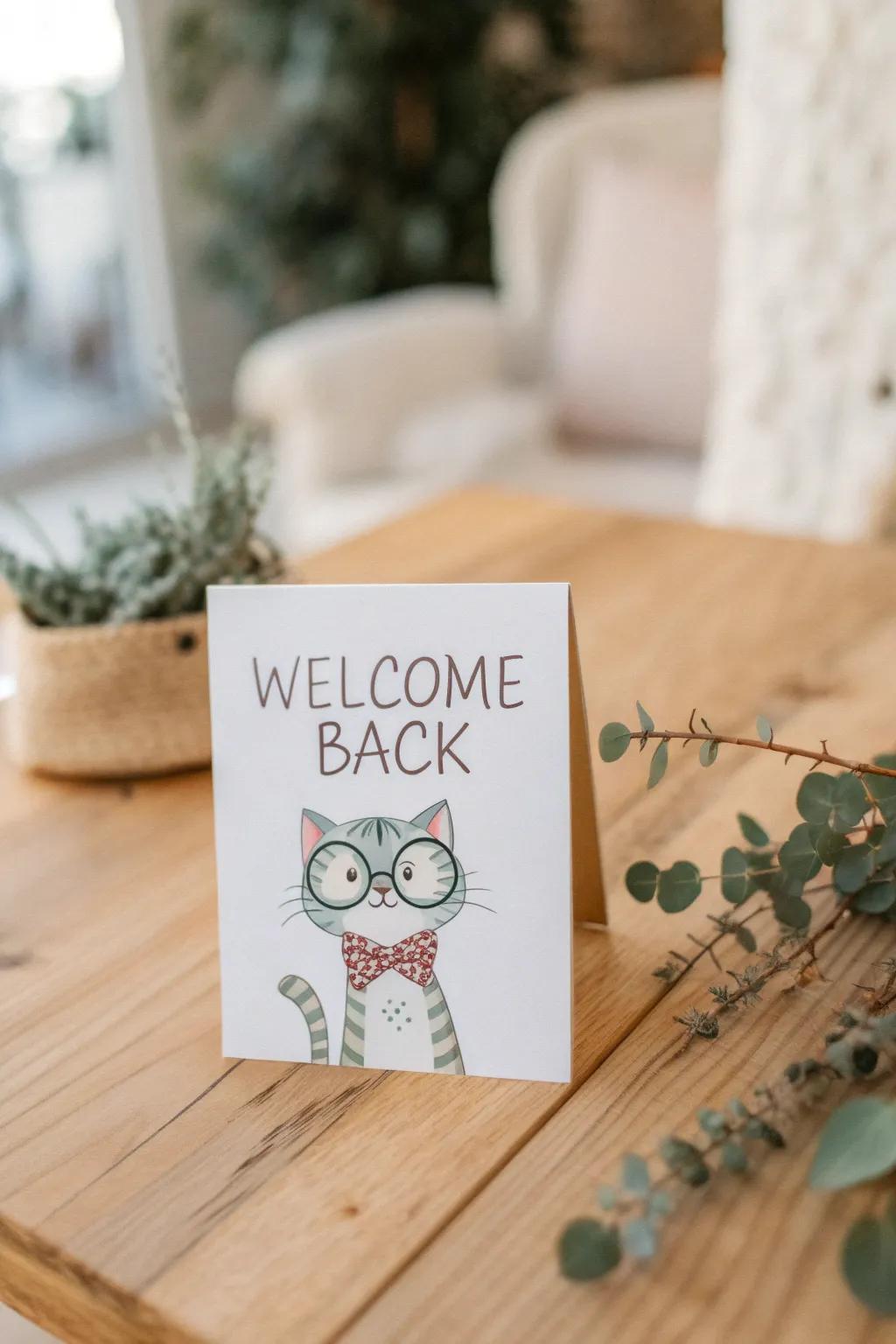 Bring a smile with whimsical welcome back cards that charm and amuse.