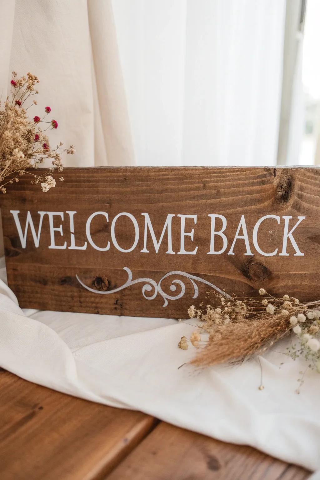 Welcome back with style and sustainability: a handcrafted sign with a touch of nature.