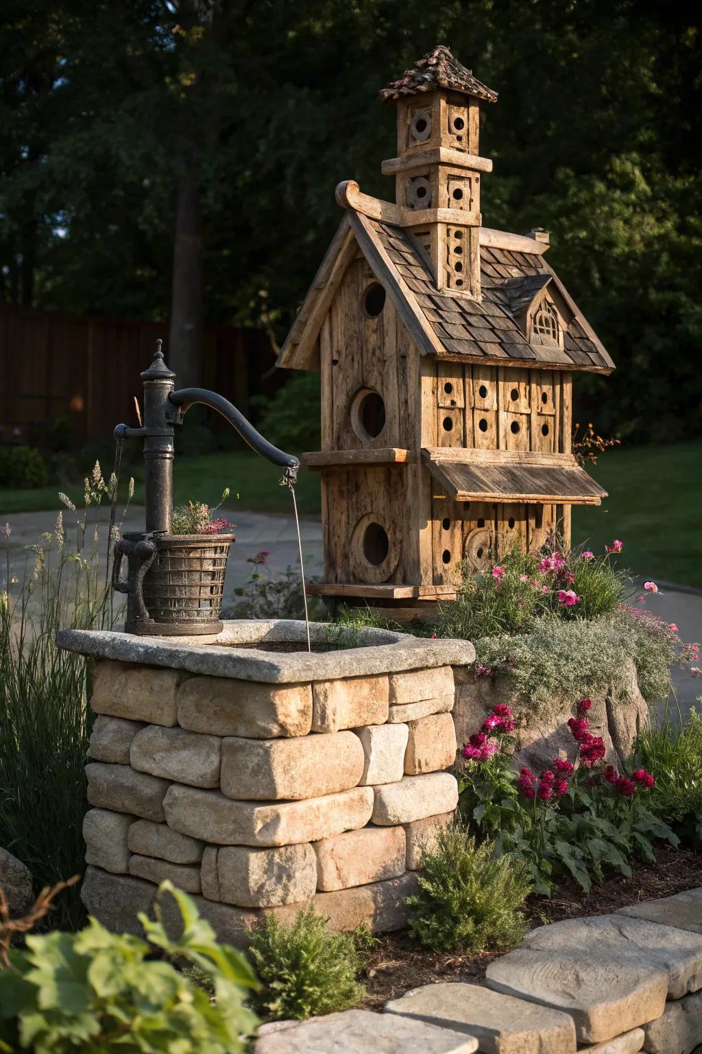 Invite nature into your garden with a charming birdhouse that doubles as a well pump cover.