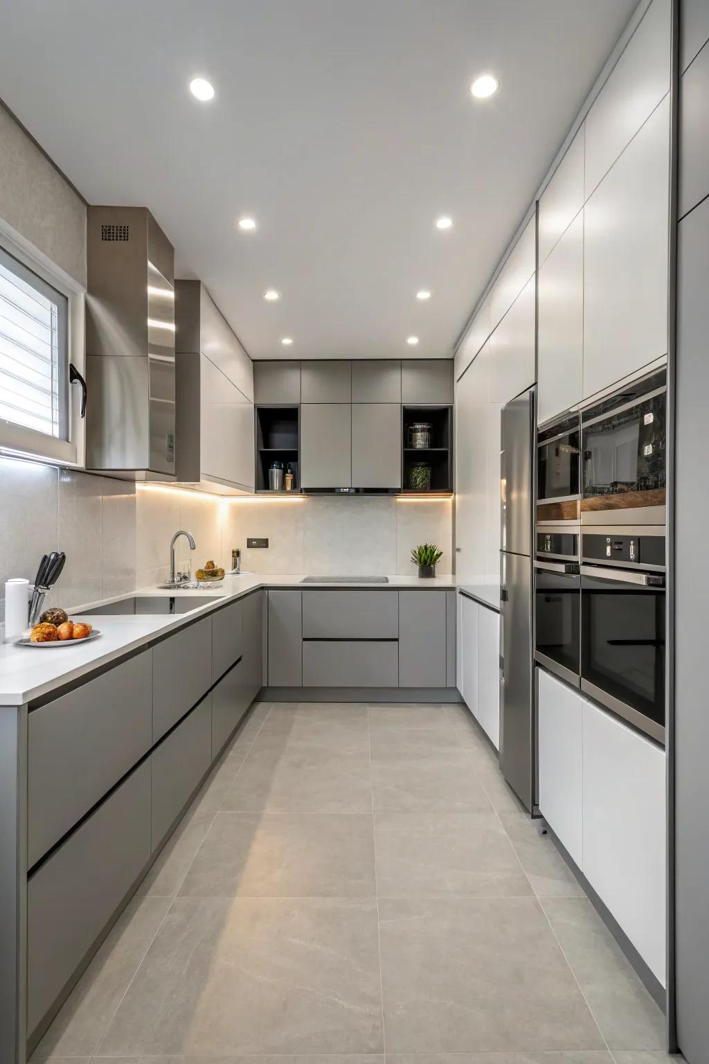 Integrated appliances create a seamless kitchen design.