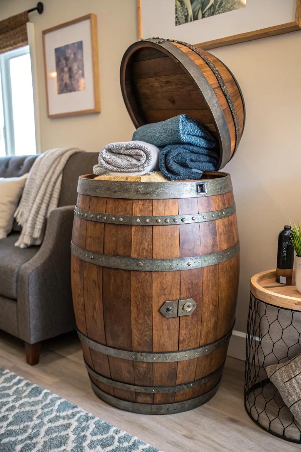 Transform your space with a rustic wine barrel storage solution—where charm meets utility.