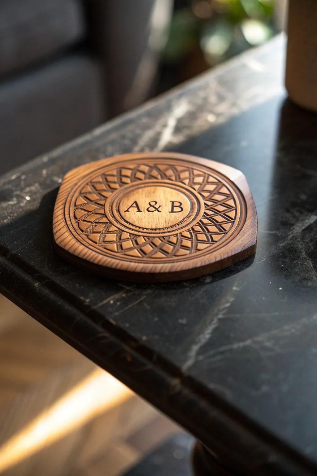 Elevate your coffee table with personalized elegance: Unique wood coaster design.