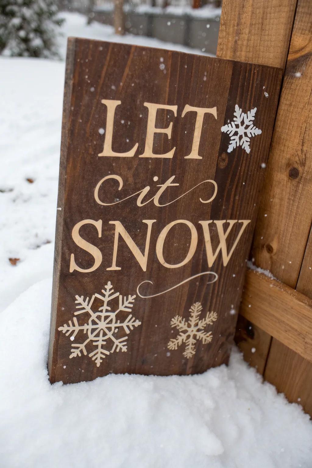 Embrace the winter magic with a handcrafted wood-burned sign that beautifully says 'Let It Snow.'