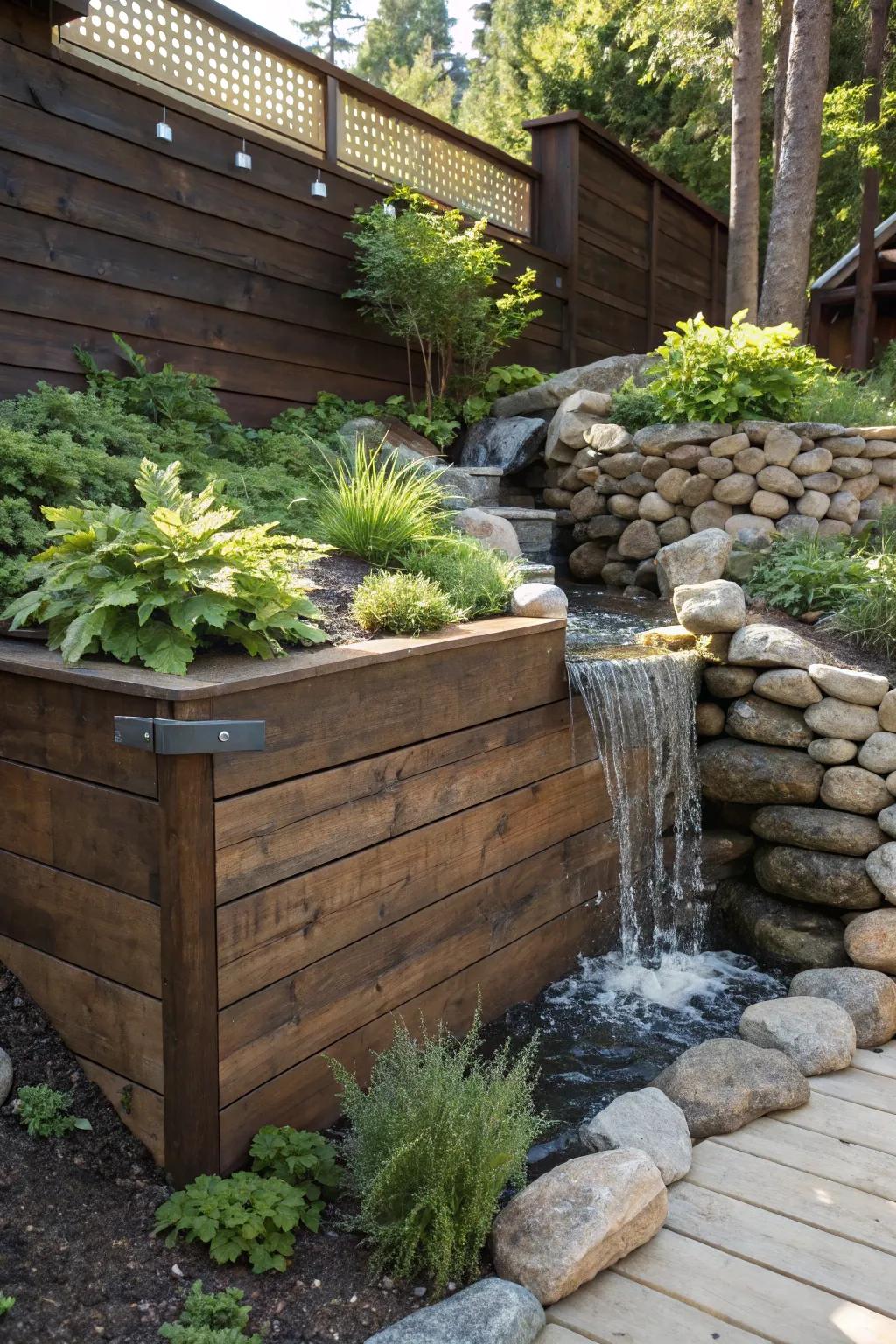 Transform your backyard with a stunning wood retaining wall and integrated waterfall feature.