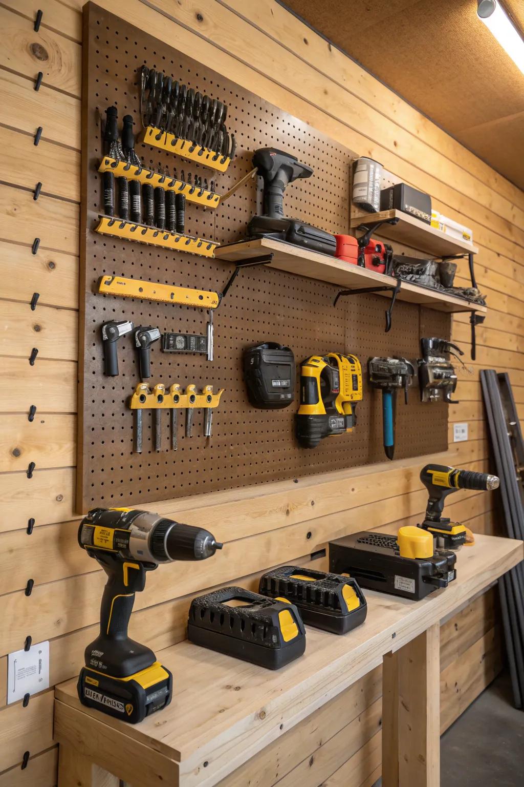 Elevate your wood shop with a stylish and efficient wall-mounted power tool station.