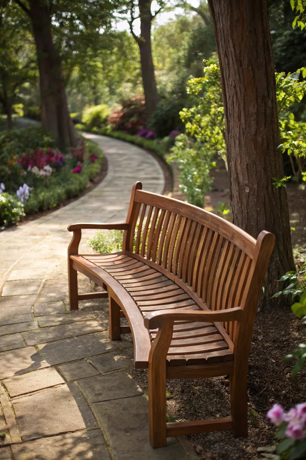 Embrace nature's elegance with a beautifully curved wooden bench, perfect for tranquil moments.