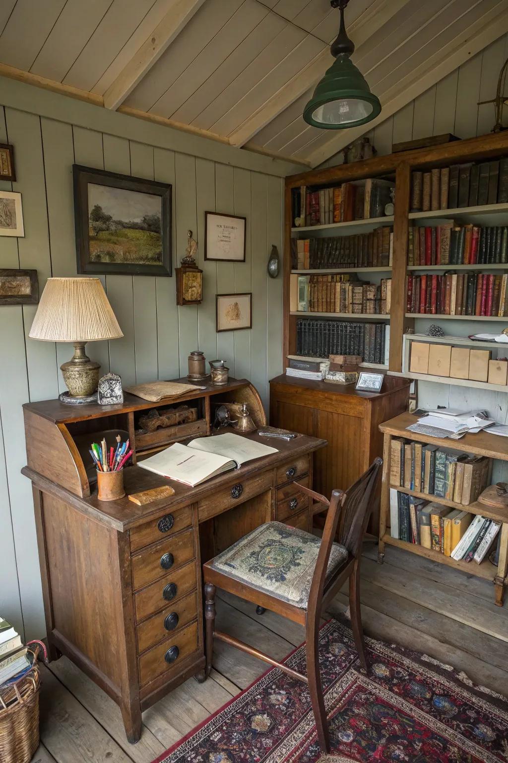 A writing shed rich with vintage charm and character.