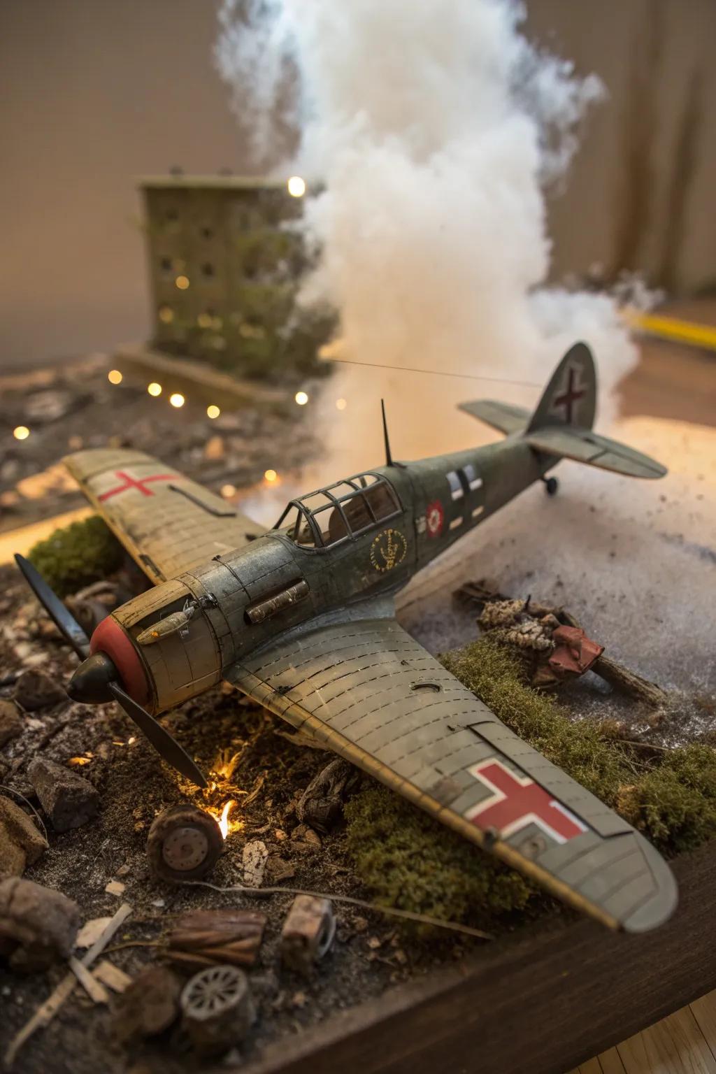 Capture the drama of history with this stunning WW2 diorama centerpiece: a crashed plane engulfed in lifelike smoke effects.