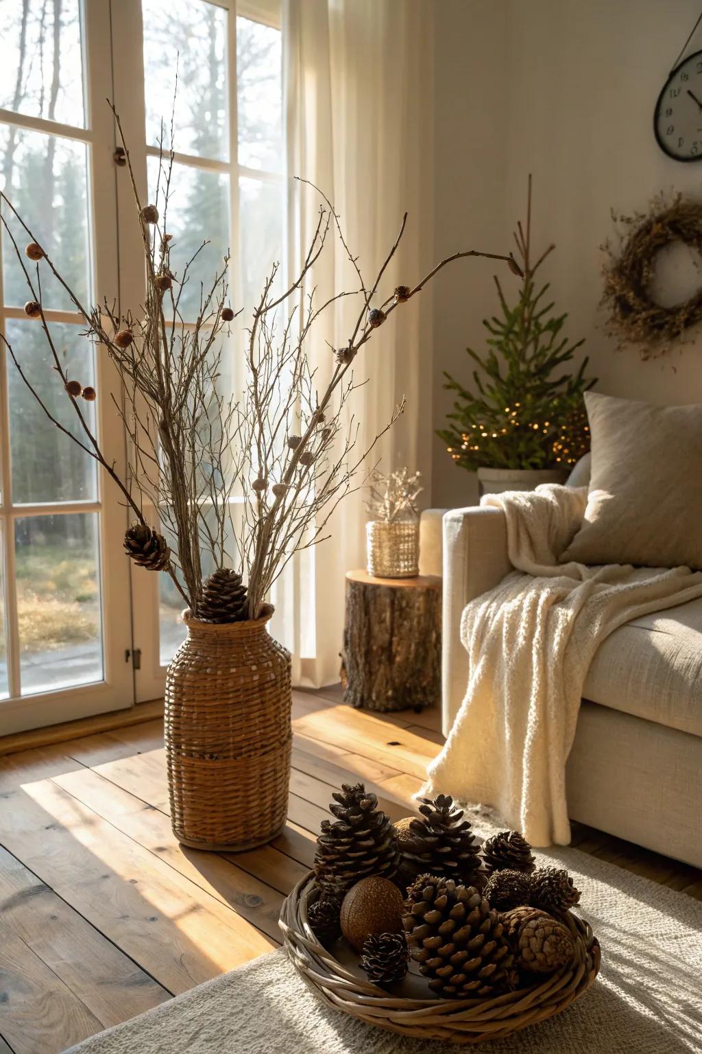 Nature-inspired Christmas decor with branches and pinecones.