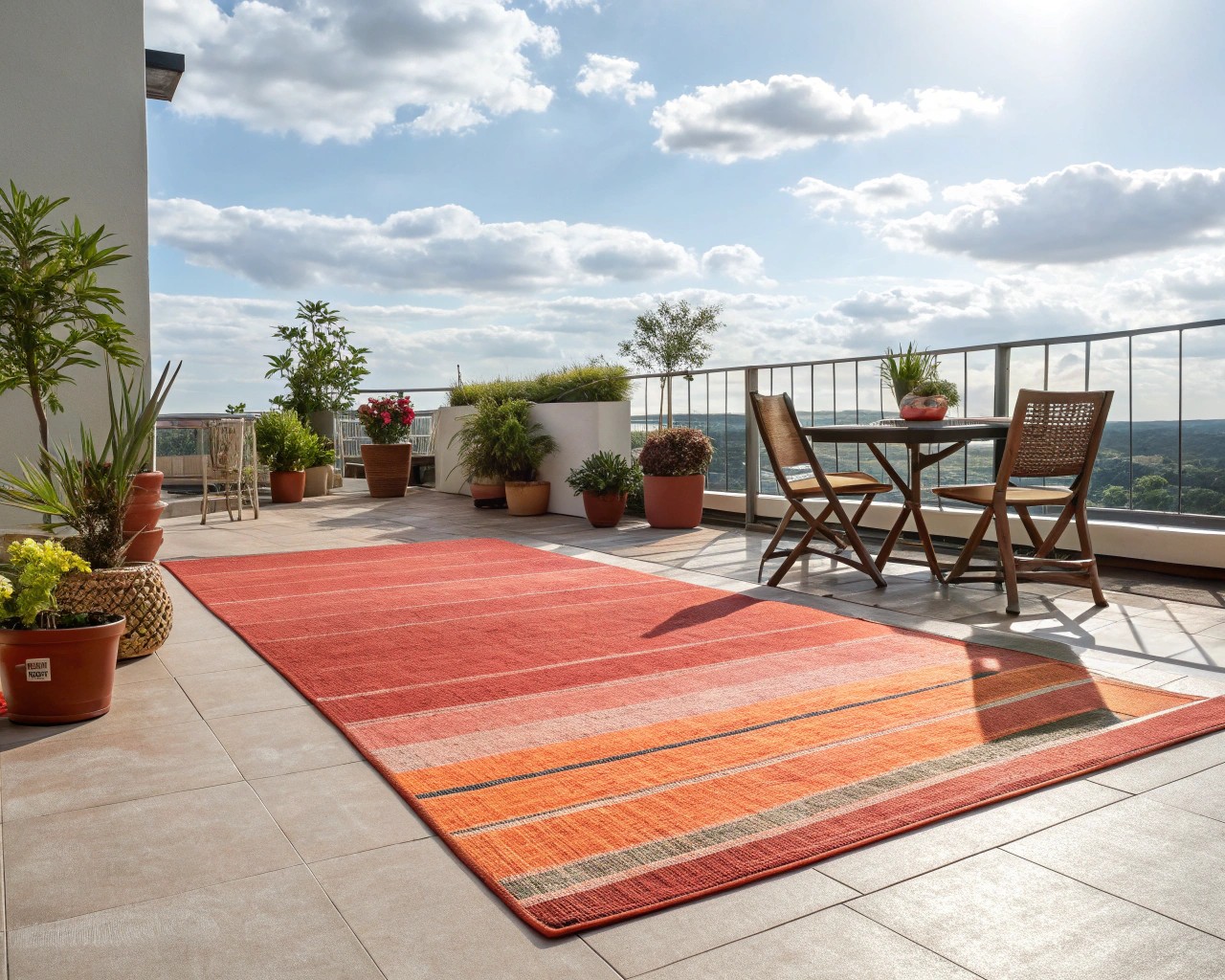 A UV-protected outdoor rug demonstrating its ability to withstand strong sunlight without fading.