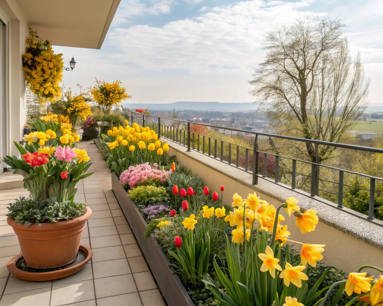 A spring-themed balcony featuring vibrant flowers and fresh decor