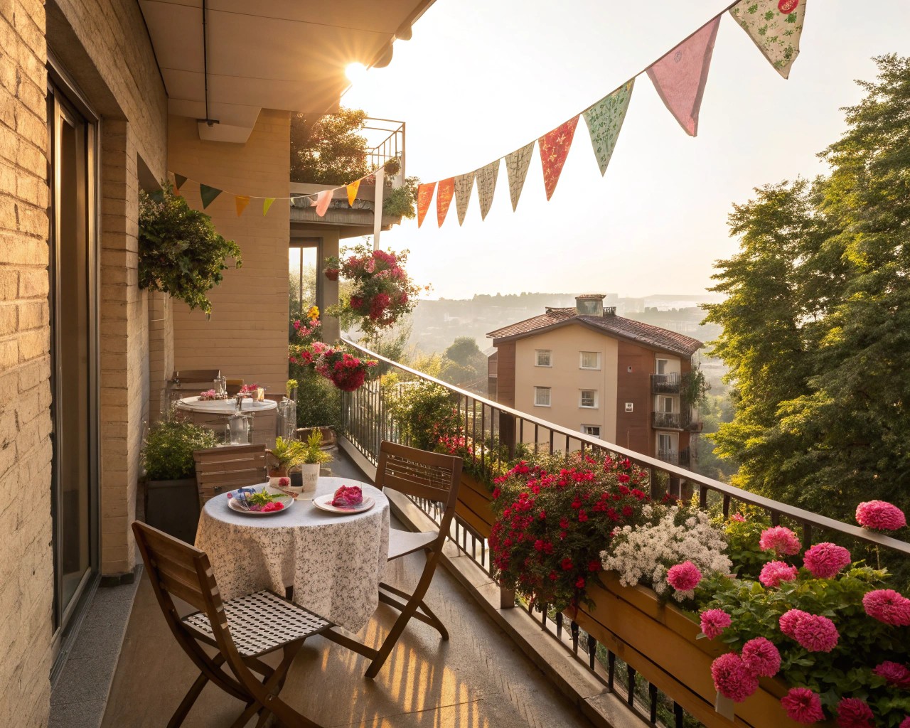 A summer oasis on a balcony with lush plants and comfortable seating