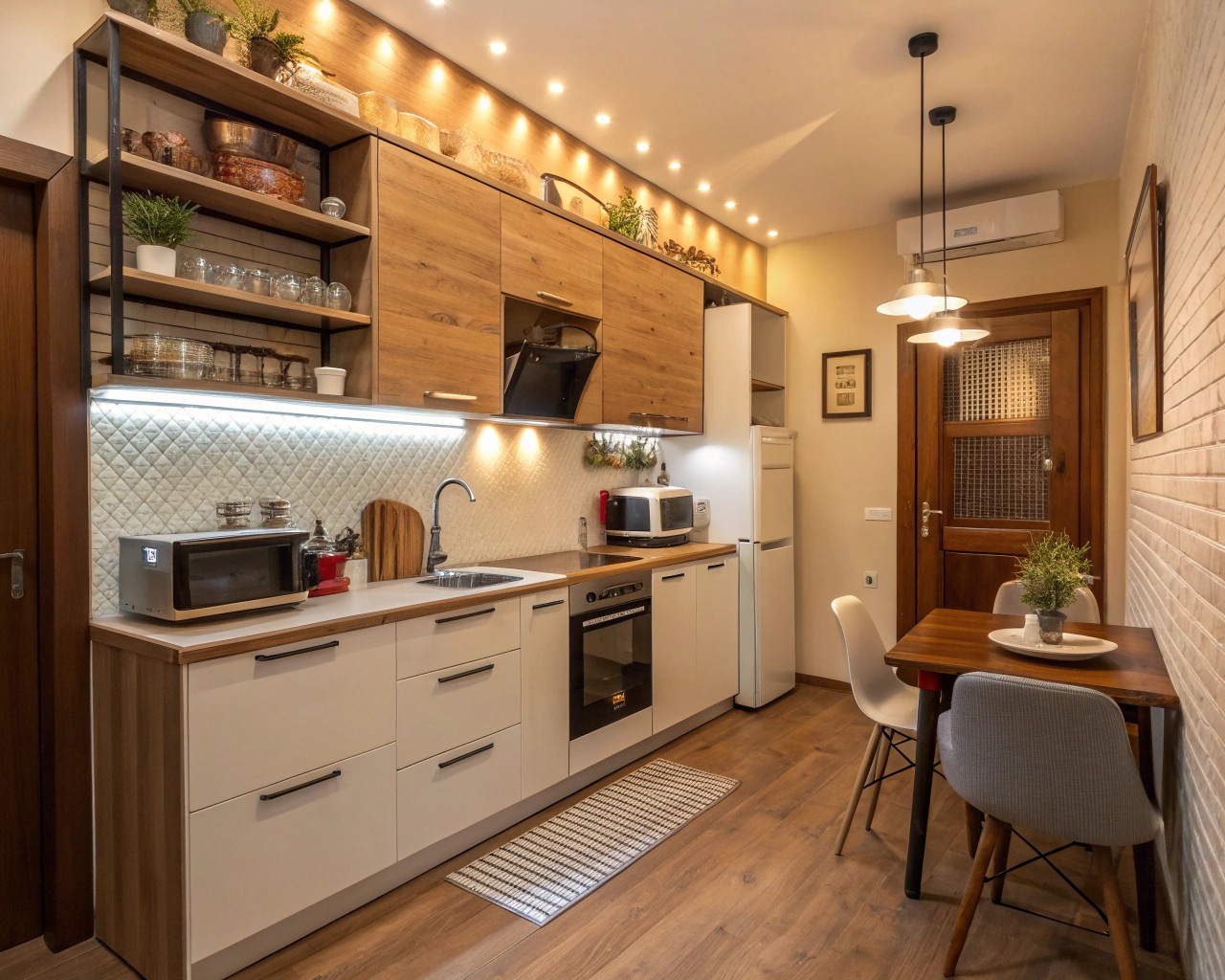 A well-organized kitchen within a small footprint showcases intelligent design choices.