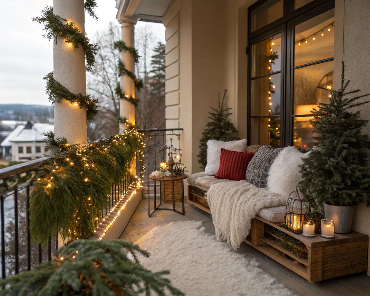 A winter-ready balcony with evergreen foliage and snug comfort items