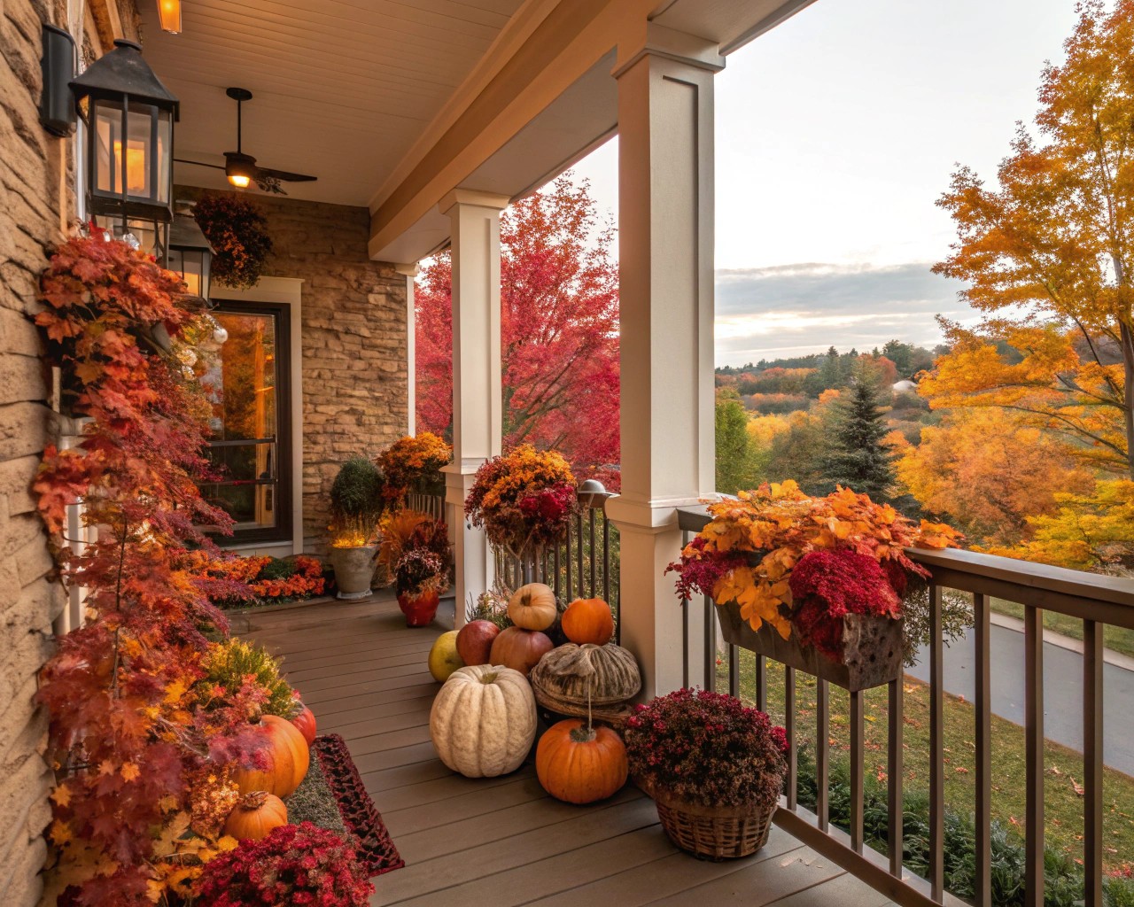 An autumn-themed balcony filled with seasonal colors and cozy decor