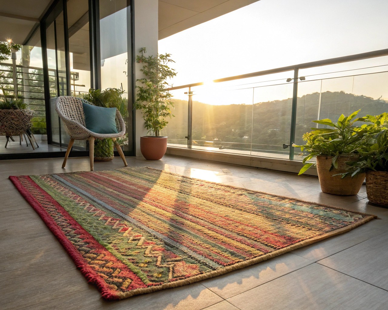 An eco-friendly recycled PET rug that combines sustainability with durability in outdoor settings.
