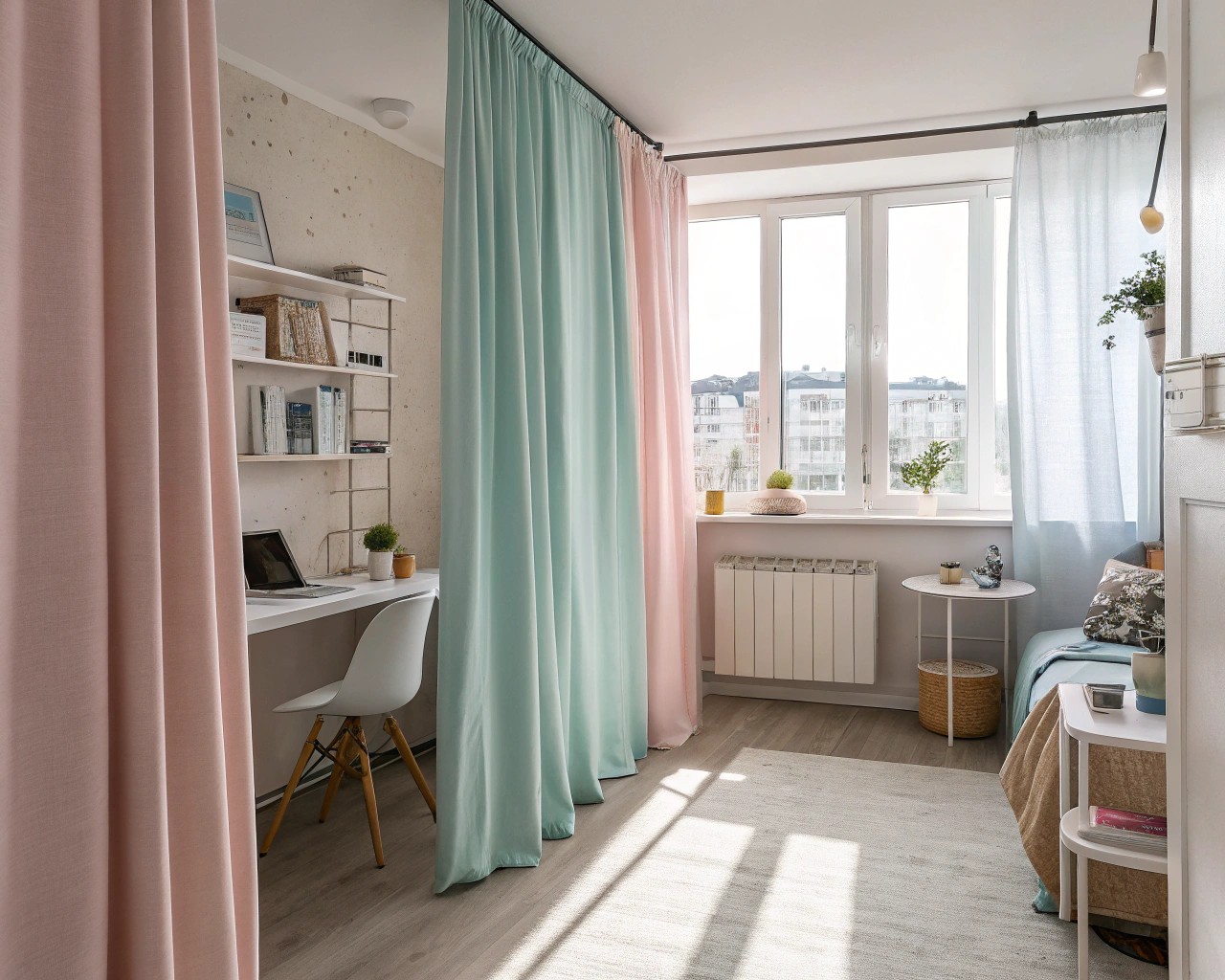 Curtain dividers create distinct zones in studio apartments without closing off spaces.