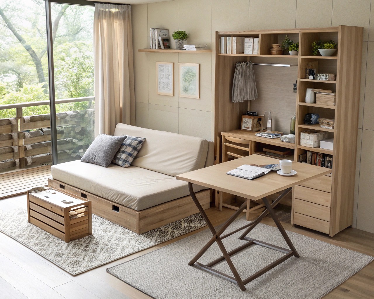Incorporating Japanese design principles, this space uses multifunctional elements to enhance functionality without clutter.