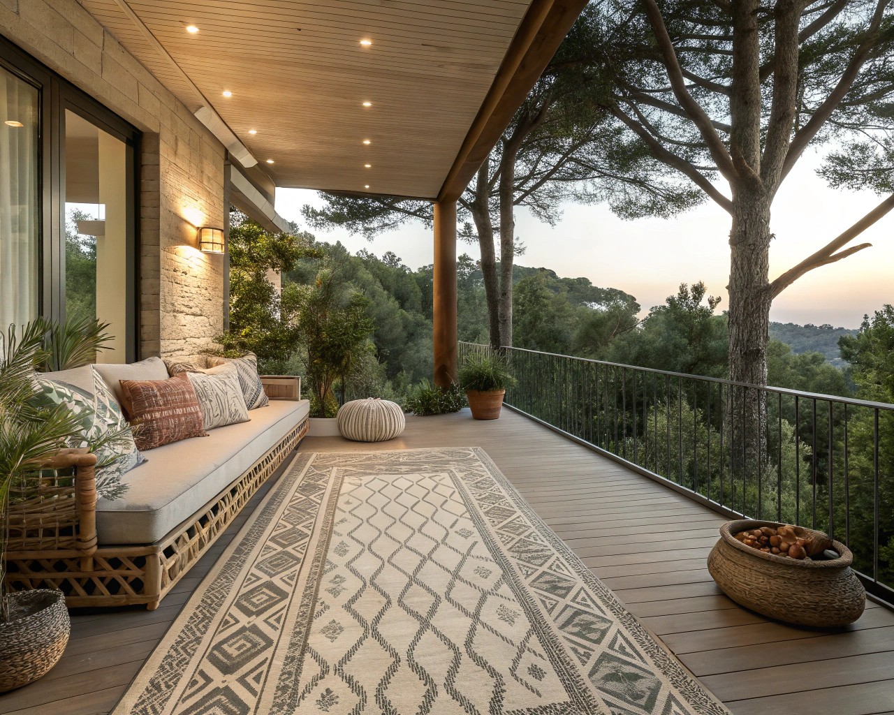 Outdoor rugs with diverse patterns, adding style and functionality to various outdoor settings.