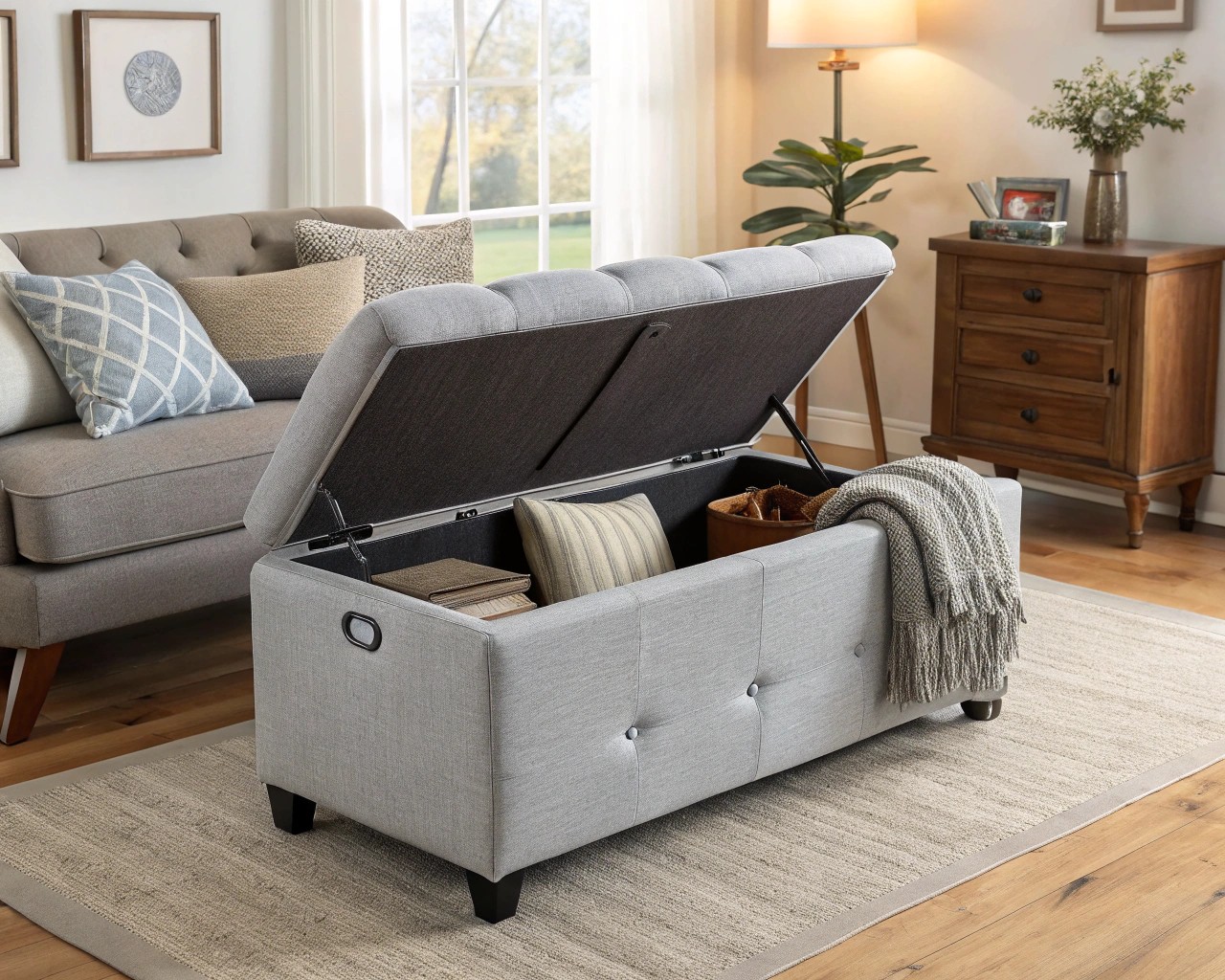 The storage ottoman offers seating and storage in one compact design.