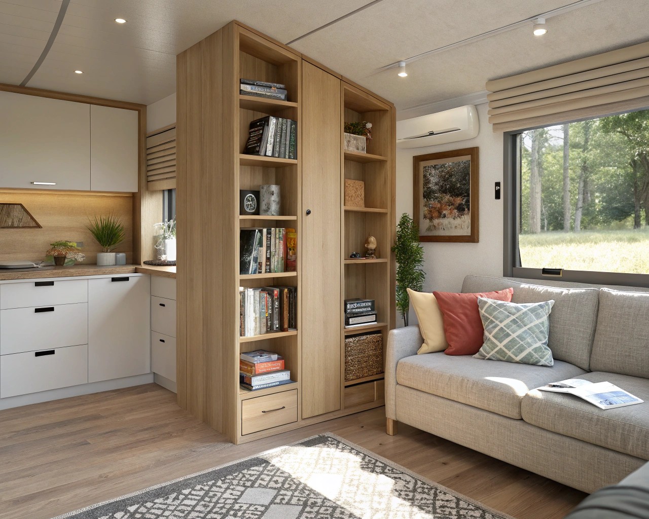 Zoning within a small space highlights its multi-functionality without the need for walls.